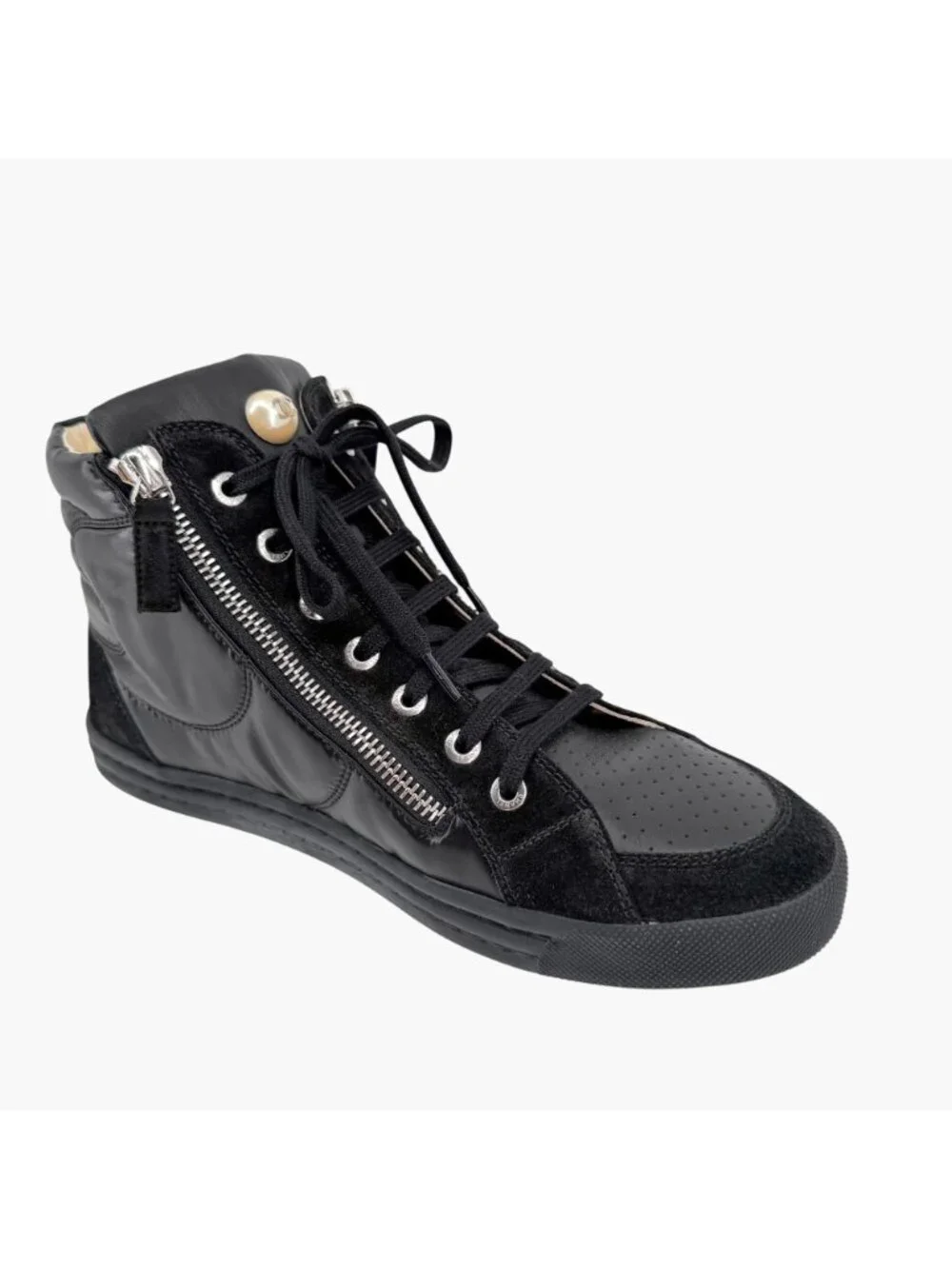 Chanel CC Pearl High Top Sneakers Black Size 38 US 7-7.5 Women's Quilted Nylon